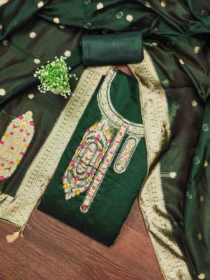 Women's dark green handwork dress material 2