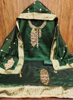 Women's dark green handwork dress material 3