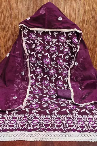Women's wine embroidered dress material