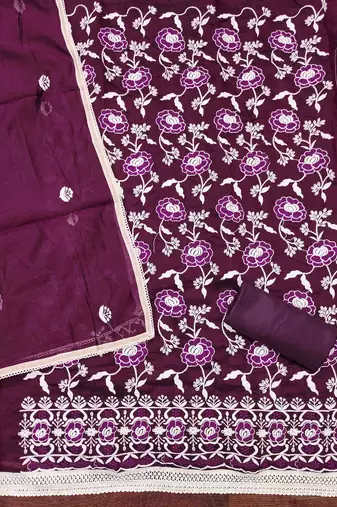 Women's wine embroidered dress material