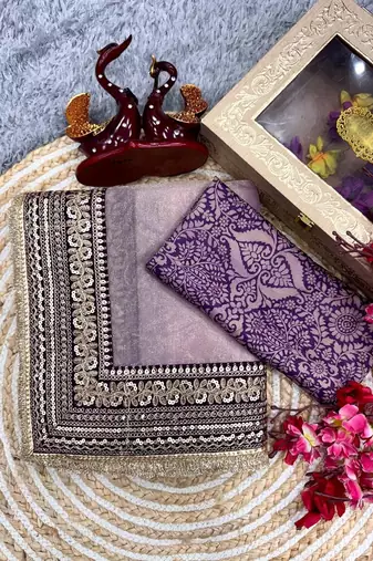 Lavender sequin And Dori Embroidered Twil Net Saree