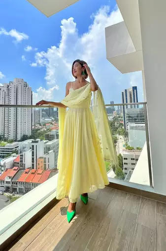 Yellow plain georgette anarkali