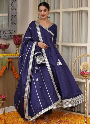 Blue plain chanderi silk anarkali 1