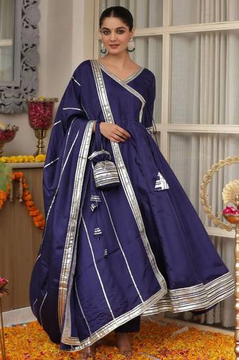 Blue plain chanderi silk anarkali