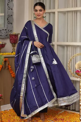 Blue plain chanderi silk anarkali
