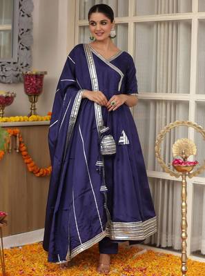 Blue plain chanderi silk anarkali 4