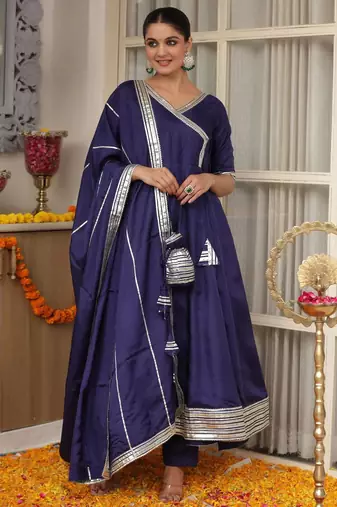 Blue plain chanderi silk anarkali