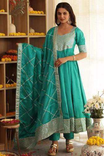 Green embroidered cotton anarkali