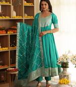 Green embroidered silk anarkali
