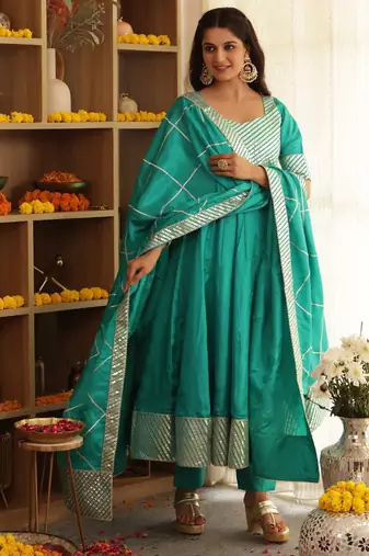 Green embroidered silk anarkali