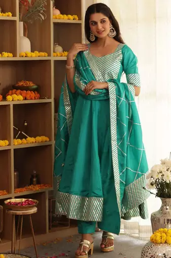 Green embroidered silk anarkali
