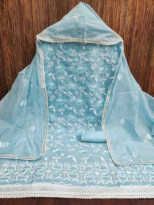 Women's sky blue embroidered dress material 4