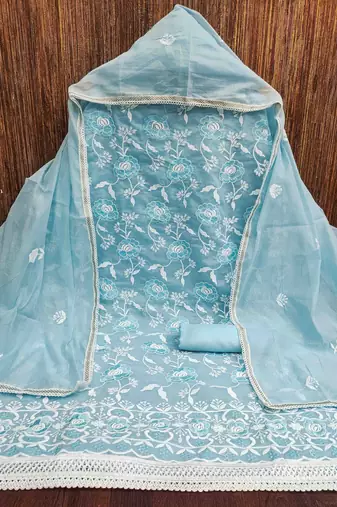 Women's sky blue embroidered dress material