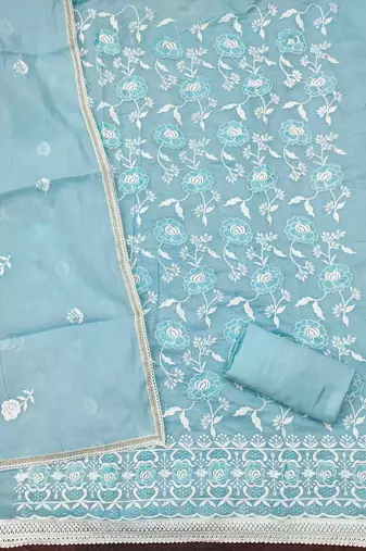 Women's sky blue embroidered dress material