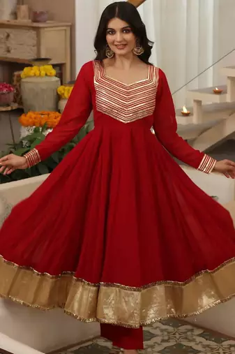 Red embroidered georgette anarkali