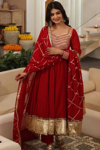 Red embroidered georgette anarkali