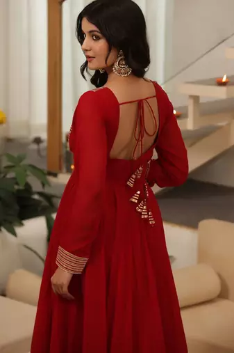 Red embroidered georgette anarkali