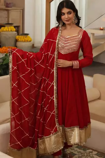 Red embroidered georgette anarkali
