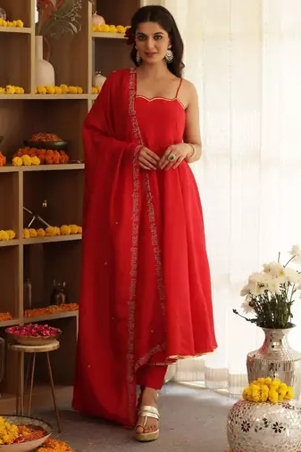 Red plain cotton anarkali