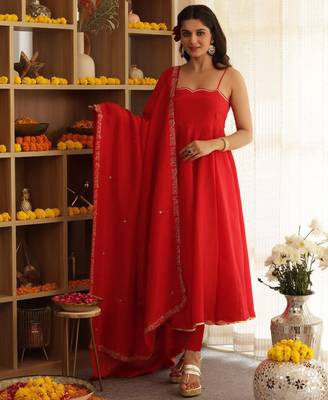 Red plain cotton anarkali 3