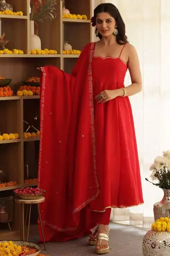 Red plain cotton anarkali
