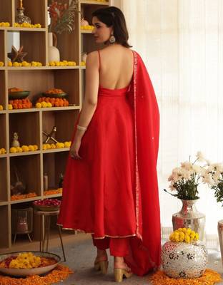 Red plain cotton anarkali 5