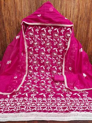 Women's magenta embroidered dress material 3