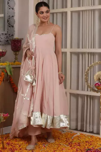 Beige plain silk blend anarkali