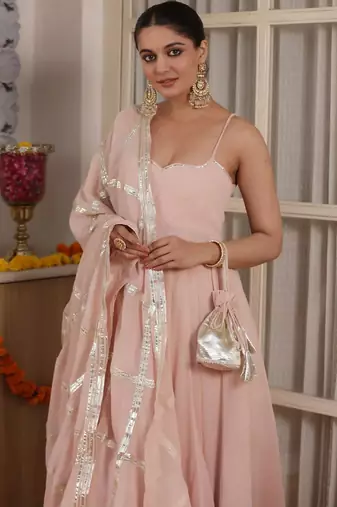 Beige plain silk blend anarkali
