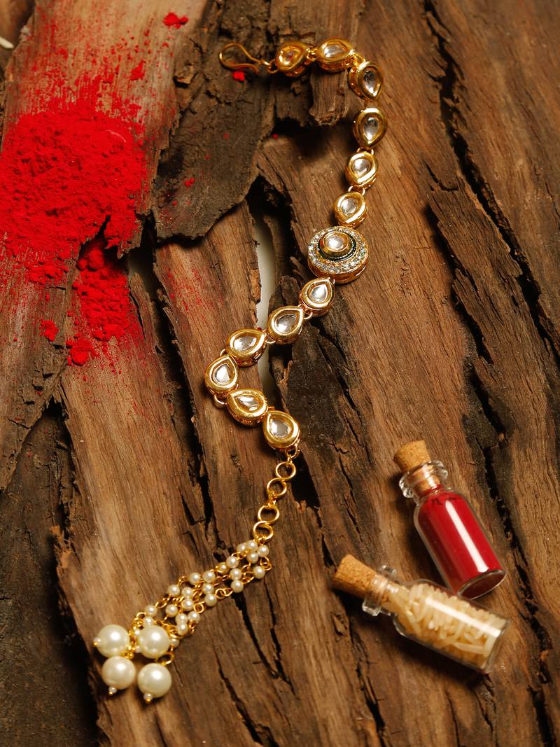Gold beaded kundan rakhi