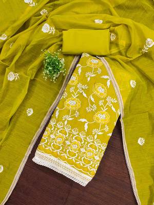 Women's lemon yellow embroidered dress material 2
