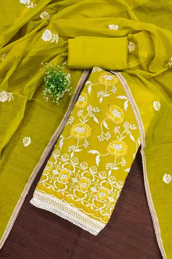 Women's lemon yellow embroidered dress material