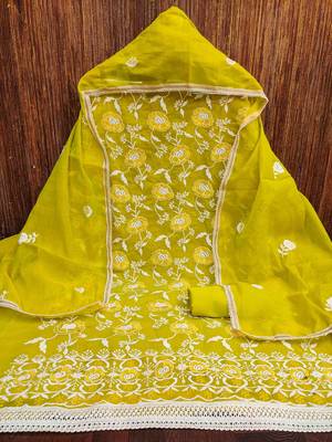 Women's lemon yellow embroidered dress material 3