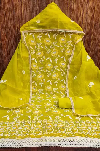 Women's lemon yellow embroidered dress material
