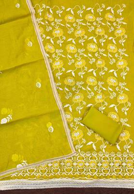Women's lemon yellow embroidered dress material 4