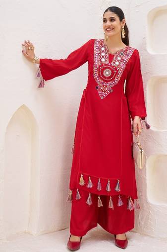 Designer red rayon cord-set with real mirror work and palazzo – festival ready look