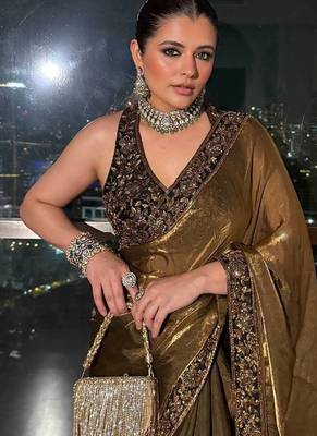 Dark Mustard Sequins And Zari Embroidered silk blend Saree,Blouse Stitch Upto 44 2