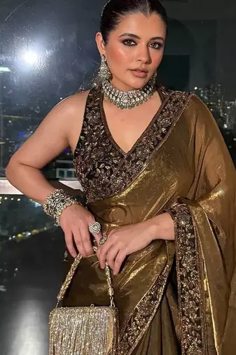 Dark Mustard Sequins And Zari Embroidered silk blend Saree,Blouse Stitch Upto 44