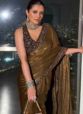 Dark Mustard Sequins And Zari Embroidered silk blend Saree,Blouse Stitch Upto 44 3