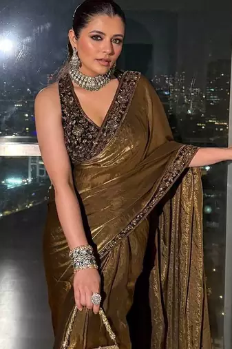 Dark Mustard Sequins And Zari Embroidered silk blend Saree,Blouse Stitch Upto 44