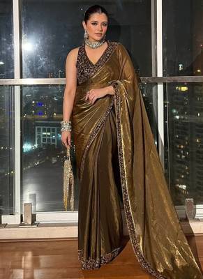 Dark Mustard Sequins And Zari Embroidered silk blend Saree,Blouse Stitch Upto 44 1