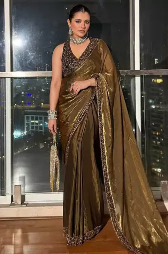 Dark Mustard Sequins And Zari Embroidered silk blend Saree,Blouse Stitch Upto 44