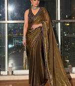 Dark Mustard Sequins And Zari Embroidered silk blend Saree,Blouse Stitch Upto 44