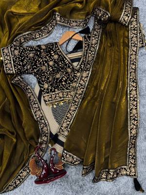 Dark Mustard Sequins And Zari Embroidered silk blend Saree,Blouse Stitch Upto 44 4