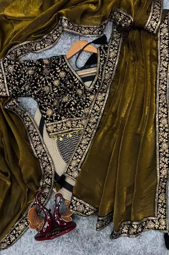 Dark Mustard Sequins And Zari Embroidered silk blend Saree,Blouse Stitch Upto 44