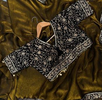 Dark Mustard Sequins And Zari Embroidered silk blend Saree,Blouse Stitch Upto 44 5