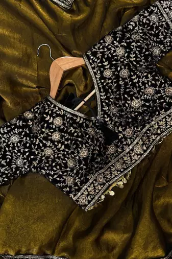 Dark Mustard Sequins And Zari Embroidered silk blend Saree,Blouse Stitch Upto 44