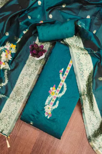 Women's teal handwork dress material