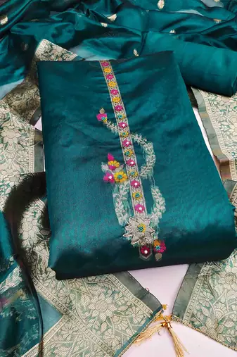 Women's teal handwork dress material
