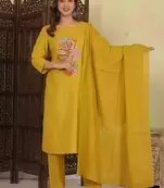 Dark Gold Embroidered Cotton Kurta and Pant Set with Dupatta